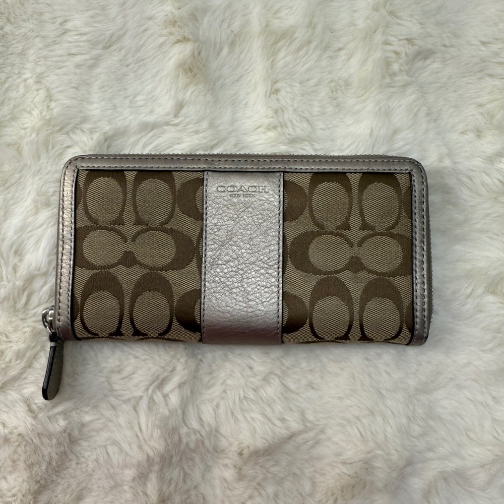 Coach Park Signature Accordion Zip Wallet 51770 Fabric Leather Trim Brown